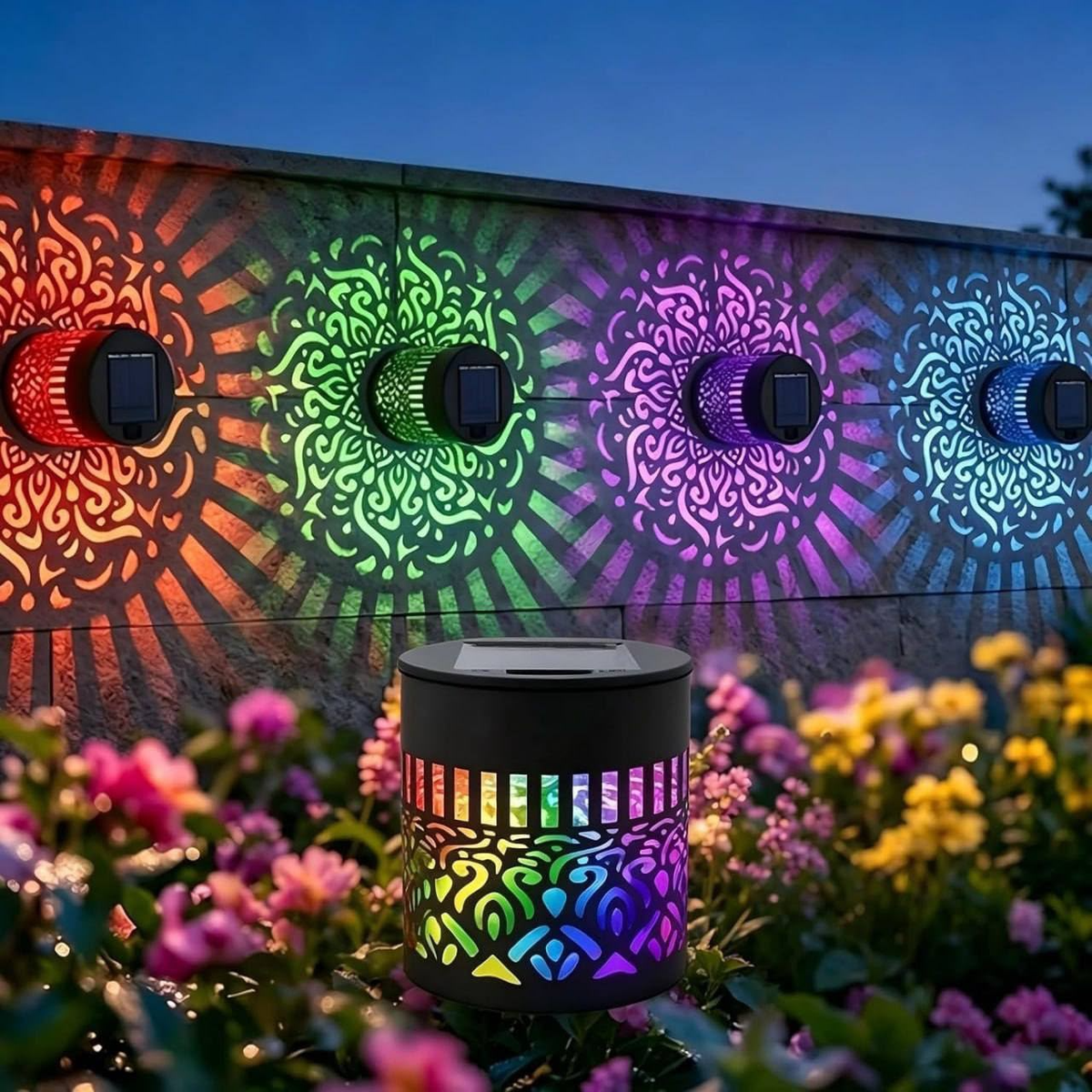 Black cylindrical decorative lights casting multicolour ornamental patterns in a garden setting
