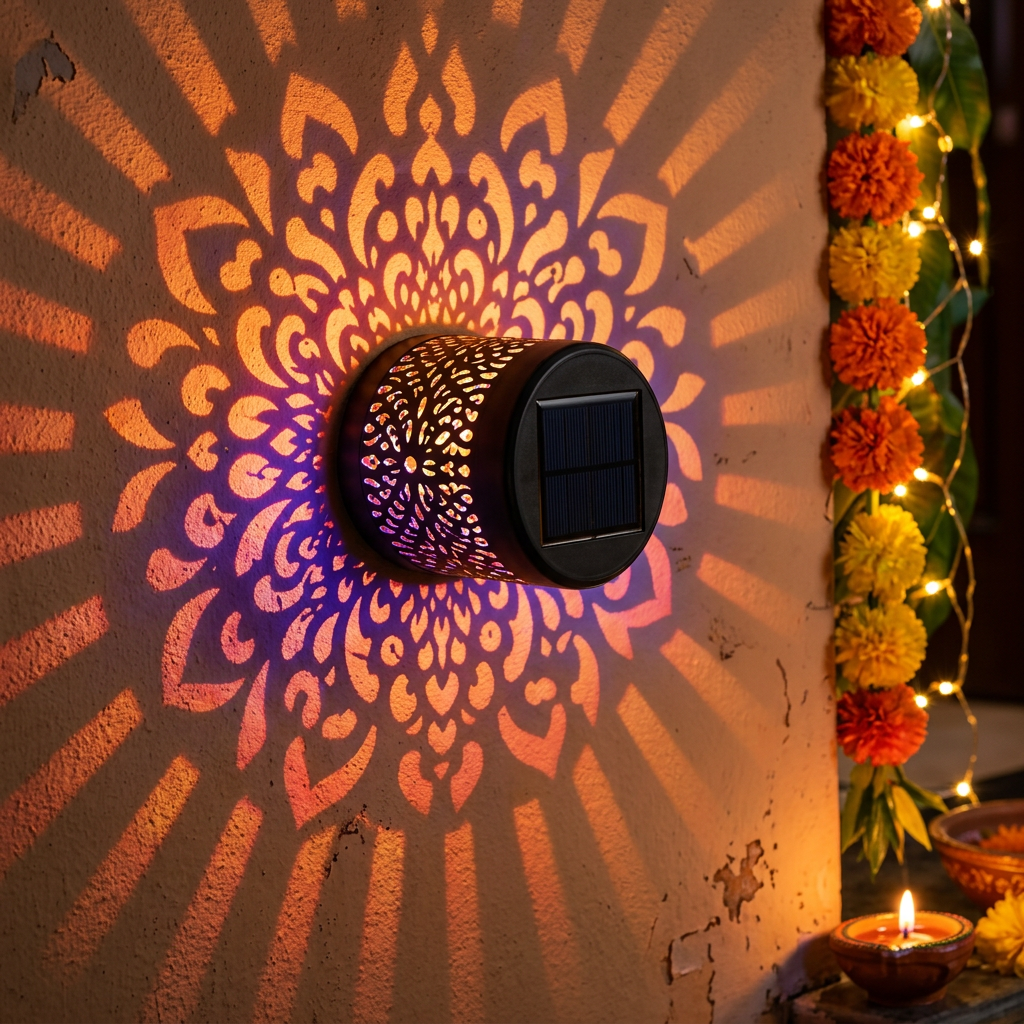 AI-generated DiyaGlow wall-light scene with outward-facing solar panel and circular decorative illumination beside marigold garlands